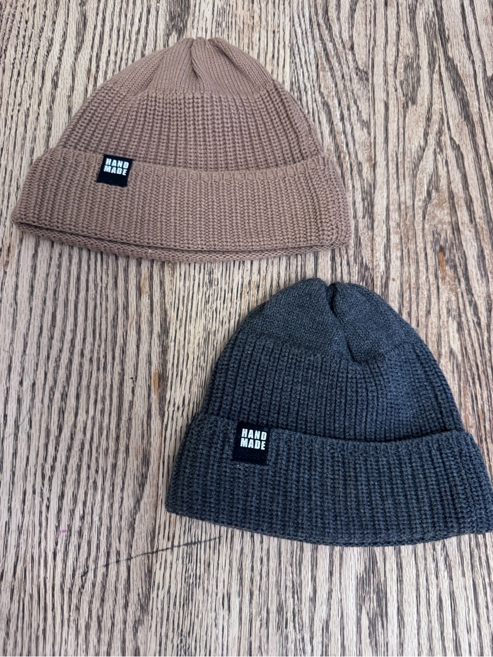 Hand Made Tan & Charcoal Knit Beanie Hat Unisex
